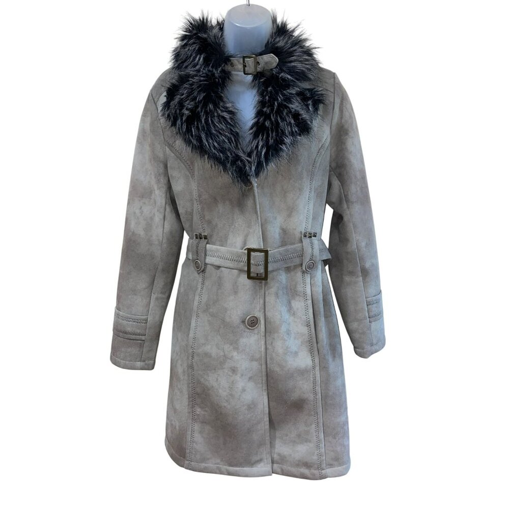 New Tasha Polizzi Collection Gray Faux Suede Belted Coat With Faux Fur Collar &